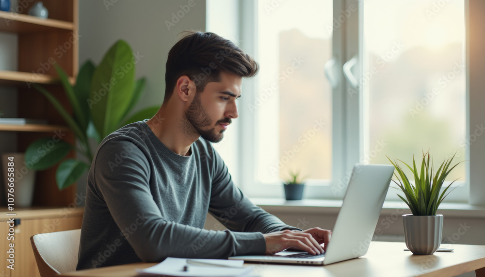 Fototapeta premium Focused Man Working on Laptop at Home Office