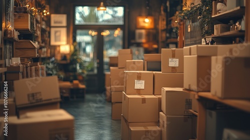 Cardboard boxes stacked in a small business storefront.