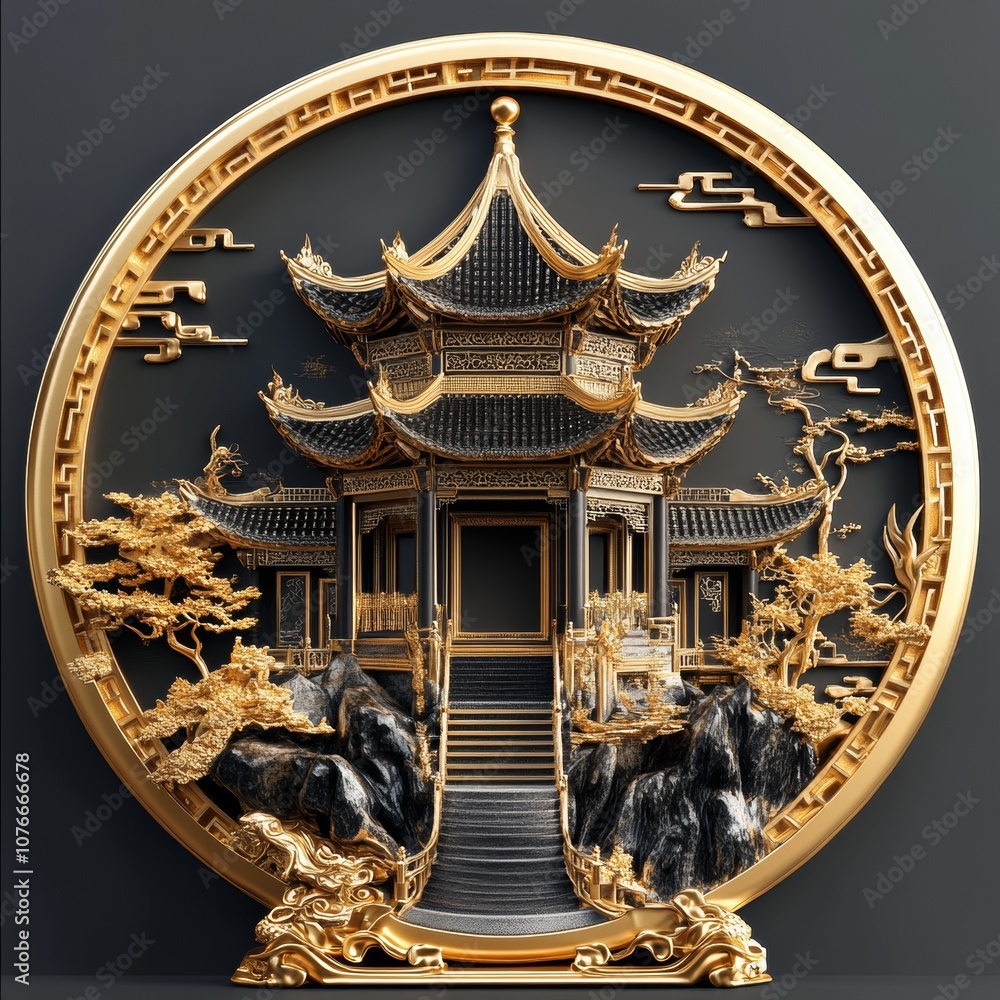 Obraz premium Stylized 3D illustration of an Asian temple with a decorative gold frame, capturing the elegance and detail of traditional Asian architecture 