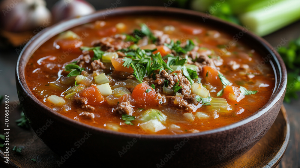 Hearty vegetable and beef stew served in a rustic wooden bowl, garnished with fresh parsley and surrounded by vibrant tomatoes. Hearty vegetable and beef stew served in a rustic wooden bowl, garnished with fresh parsley and surrounded by vibrant tomatoes.