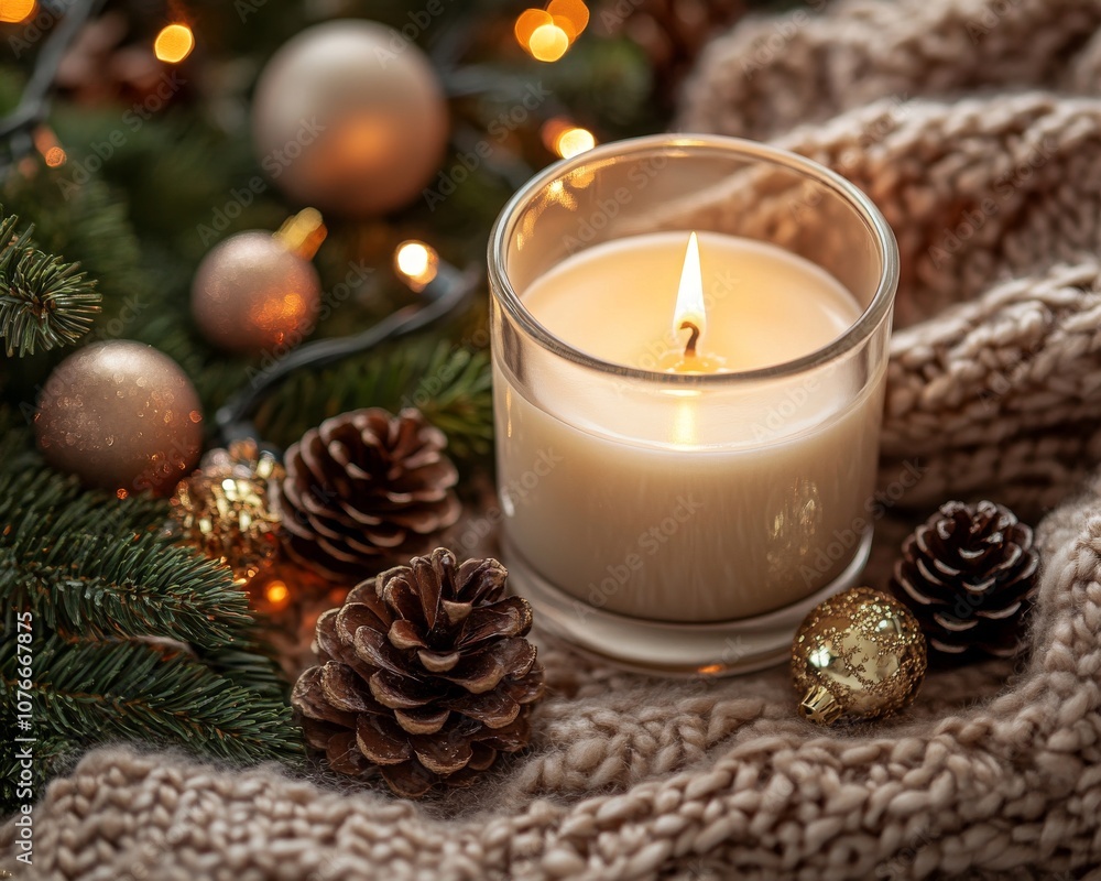 Lit Holiday Candle with Pine Cones and Ornaments on Cozy Table Lit Holiday Candle with Pine Cones and Ornaments on Cozy Table
