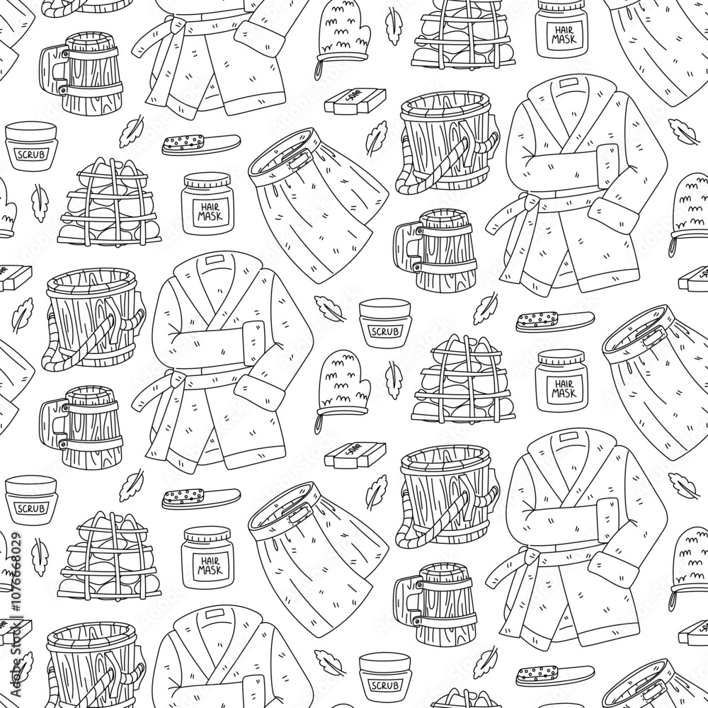 A pattern of doodle accessories for baths and saunas. wooden ladle, stones, fluffy robe, sponge, hair mask, soap, pumice stone. The texture is seamless, for cleaning your body. Sauna, relaxation A pattern of doodle accessories for baths and saunas. wooden ladle, stones, fluffy robe, sponge, hair mask, soap, pumice stone. The texture is seamless, for cleaning your body. Sauna, relaxation