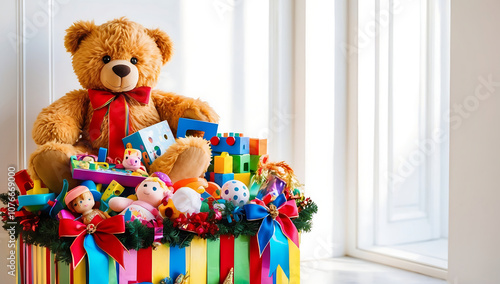 A brightly decorated donation box overflowing with toys, featuring a large teddy bear on top. The scene evokes warmth, generosity, and the spirit of giving, perfect for charitable campaigns