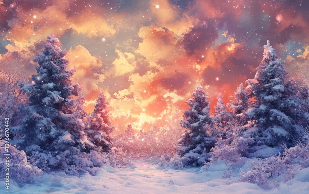 Fototapeta premium A snowy forest with a bright orange sky in the background