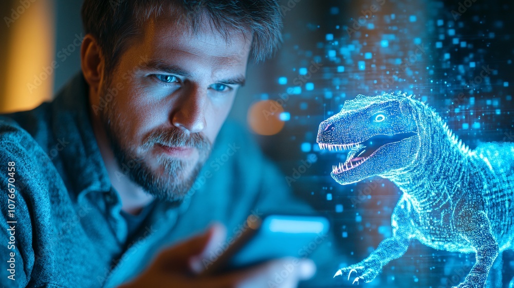 Fototapeta premium Man Engaging with Holographic Dinosaur via Smartphone, Highlighting Innovative Tech
