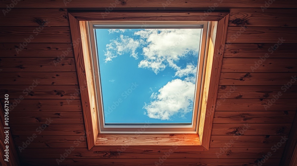 A skylight view showcasing blue sky and clouds against a wooden ceiling. A skylight view showcasing blue sky and clouds against a wooden ceiling.