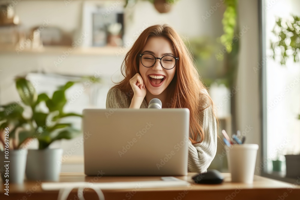 Cheerful woman recording her podcast at home, using a microphone and laptop, showcasing her enthusiasm as a radio host. Cheerful woman recording her podcast at home, using a microphone and laptop, showcasing her enthusiasm as a radio host.