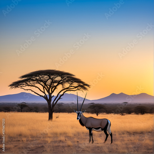 Majestic gemsbok stands tall in the African savanna, silhouetted against a vibrant sunset under the expansive, clear blue sky, embodying grace and natural beauty.