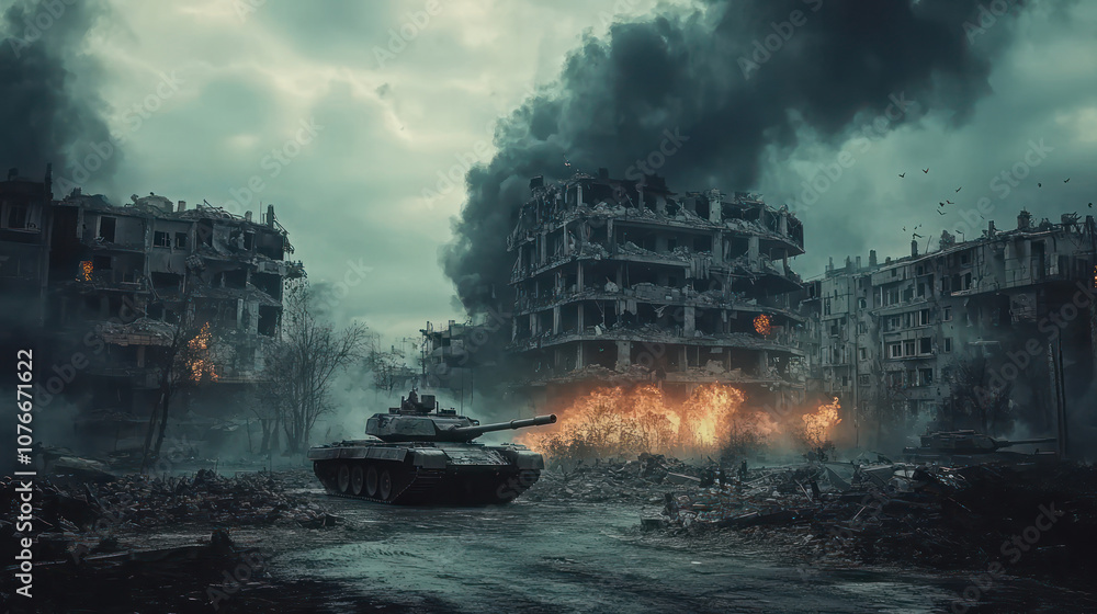 Fototapeta premium Tank in Urban War Zone Amidst Destroyed Buildings and Fire. Smoke-Filled Battlefield Scene
