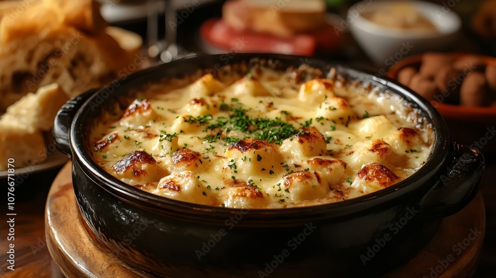 A large bowl of food with a lot of cheese and parsley on top A large bowl of food with a lot of cheese and parsley on top