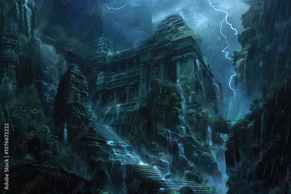 Ancient Stone Temple Overgrown with Vines in a Thunderstorm Ancient Stone Temple Overgrown with Vines in a Thunderstorm