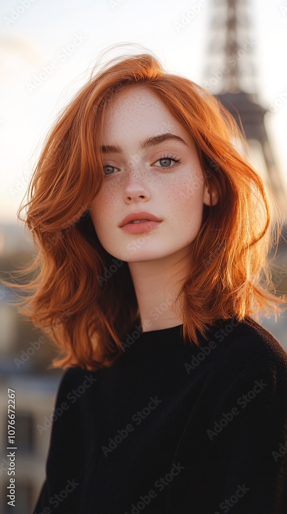 Fototapeta premium Parisian Redhead in Black Top Poses with Eiffel Tower Backdrop at Dusk
