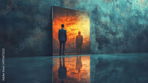 A man stands in front of a mirror, looking at his reflection