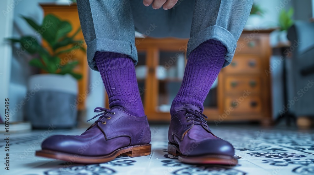 Close up of a man's feet wearing purple leather shoes with matching socks. Close up of a man's feet wearing purple leather shoes with matching socks.