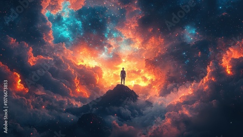 A solitary figure stands atop a mountain amidst a cosmic explosion.