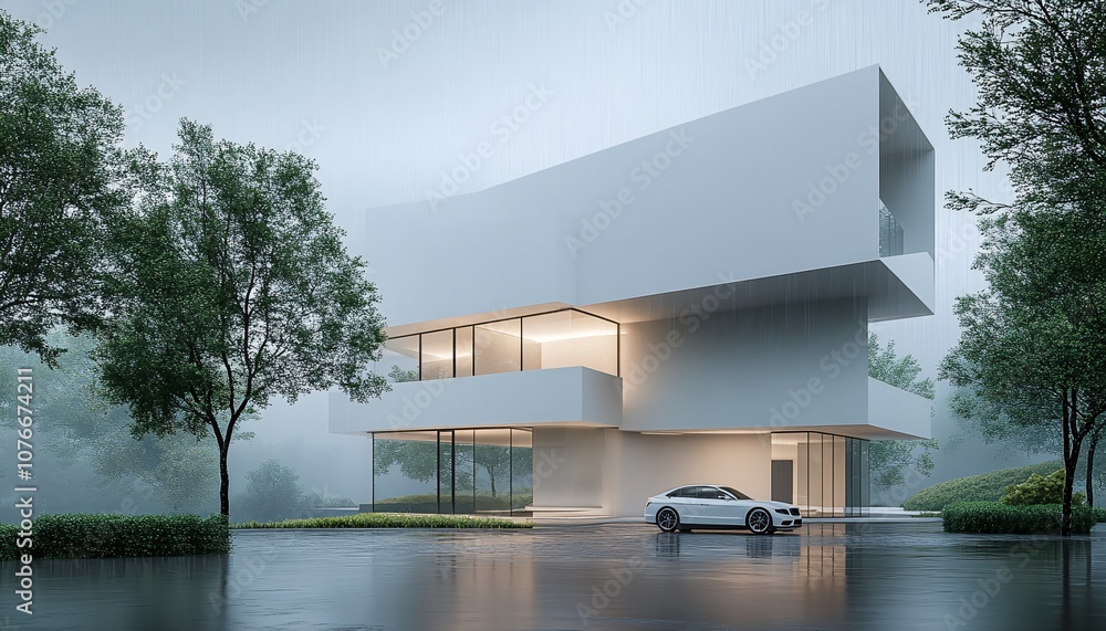 Modern Minimalist White Building in Heavy Rain with Misty Surroundings Modern Minimalist White Building in Heavy Rain with Misty Surroundings