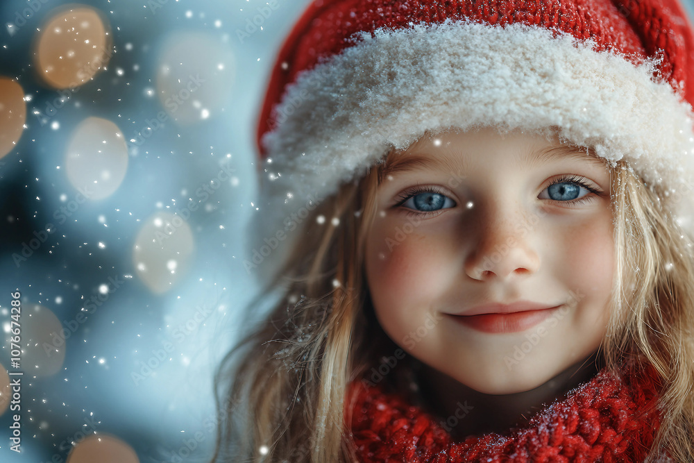 Generative AI image of a smiling girl in a red hat and sweater, celebrating the New Year at school with classmates in festive attire Generative AI image of a smiling girl in a red hat and sweater, celebrating the New Year at school with classmates in festive attire