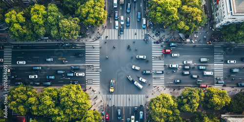 Aerial view of a busy city crossroad junction with cars and pedestrians. photo