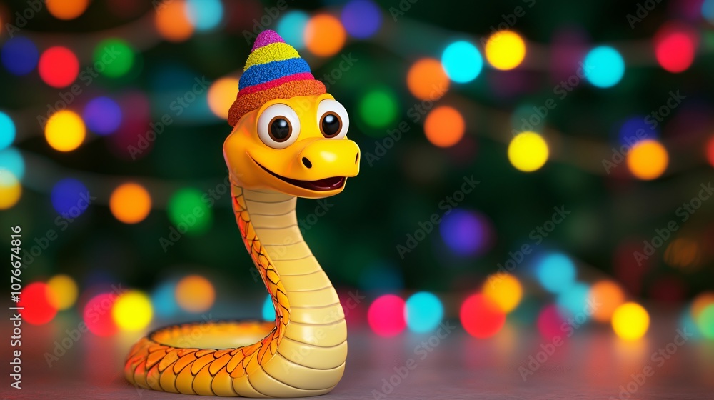 Fototapeta premium Colorful Cartoon Snake Toy Wears Party Hat with Blurred Festive Bokeh Background, Perfect for Fun Environments and Children's Imagery