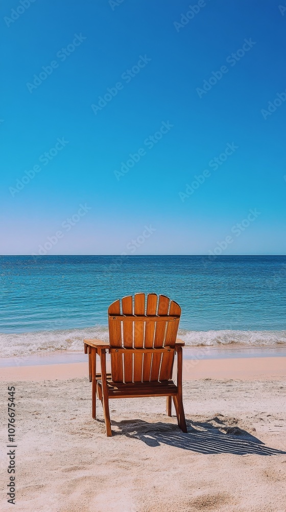 Wooden chair positioned on a quiet beach with turquoise waters on a sunny day Wooden chair positioned on a quiet beach with turquoise waters on a sunny day