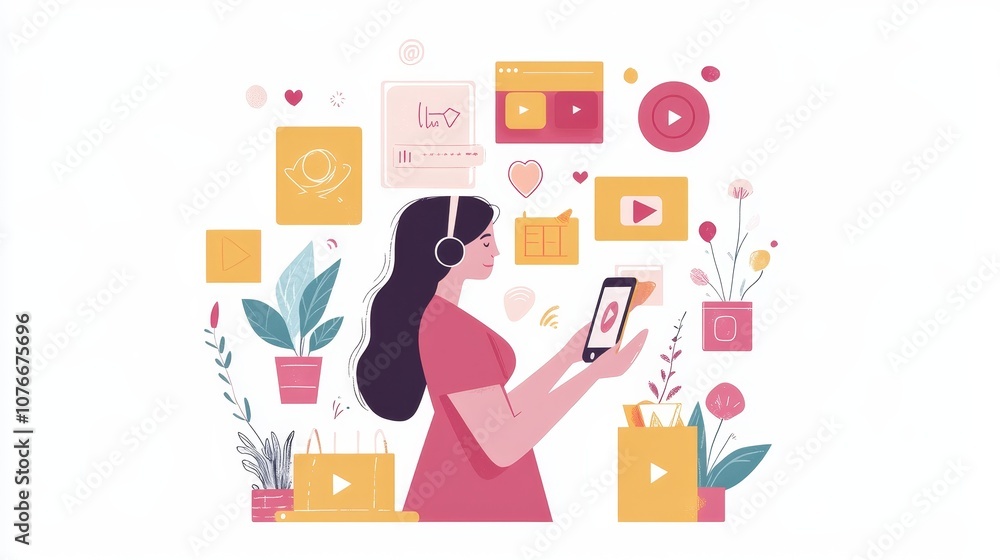 Fototapeta premium Woman using streaming service on device, connecting to entertainment, media, and shopping.