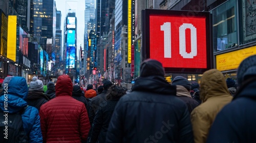 Crowded Times Square With Digital Countdown Displaying Ten Seconds Before New Year Celebration Amidst Festive Energy and Colorful Lights photo