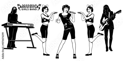 Music Girls Band. Singer, Dancers, Keyboardist, Electric guitar player. Vector cliparts isolated on white.