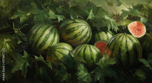 Uma exuberante exposição de melancias adornadas com folhas, realçadas pela luz natural, oferecendo um vislumbre do frescor e da salubridade das frutas. photo