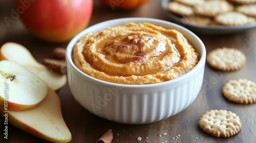 A bowl of creamy pumpkin hummus is topped with a sprinkle of spices, accompanied by fresh apple slices and crunchy crackers, creating a perfect autumn snack.
