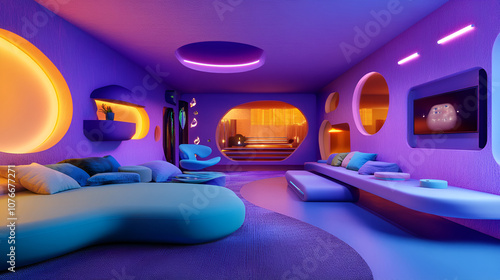 interior of a room Sofa set and decoration minimal modern futuristic living room interior design neon colors, Interior of modern living room. night view 3D rendering
