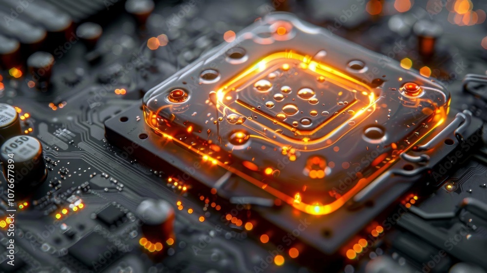 Fototapeta premium Close-up of a glowing CPU chip on a motherboard.