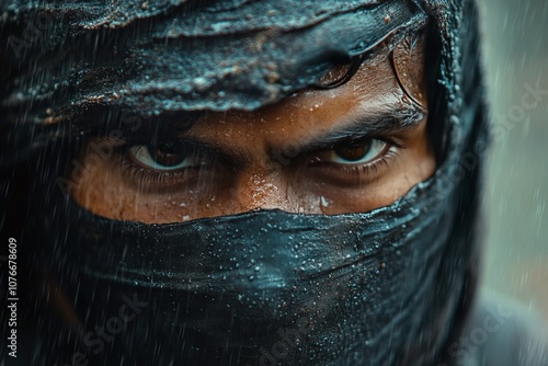 A masked warrior stands in the rain, eyes fixed with determination during an intense battle photo