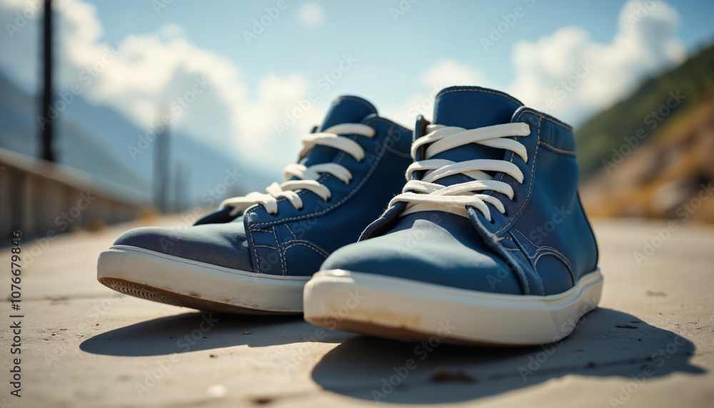 Stylish Blue Sneakers on a Pathway Stylish Blue Sneakers on a Pathway