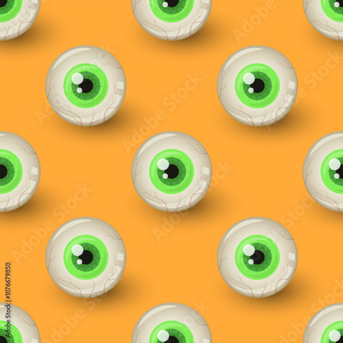 Green monster eyeballs on orange background. Halloween vector seamless pattern. Best for textile, print, wrapping paper, package and festive decoration.