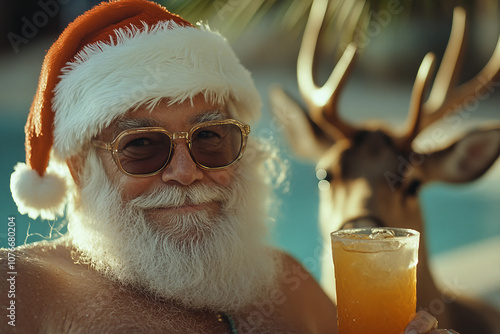 Image of funny santa clause celebrating Christmas in the tropics ai generative