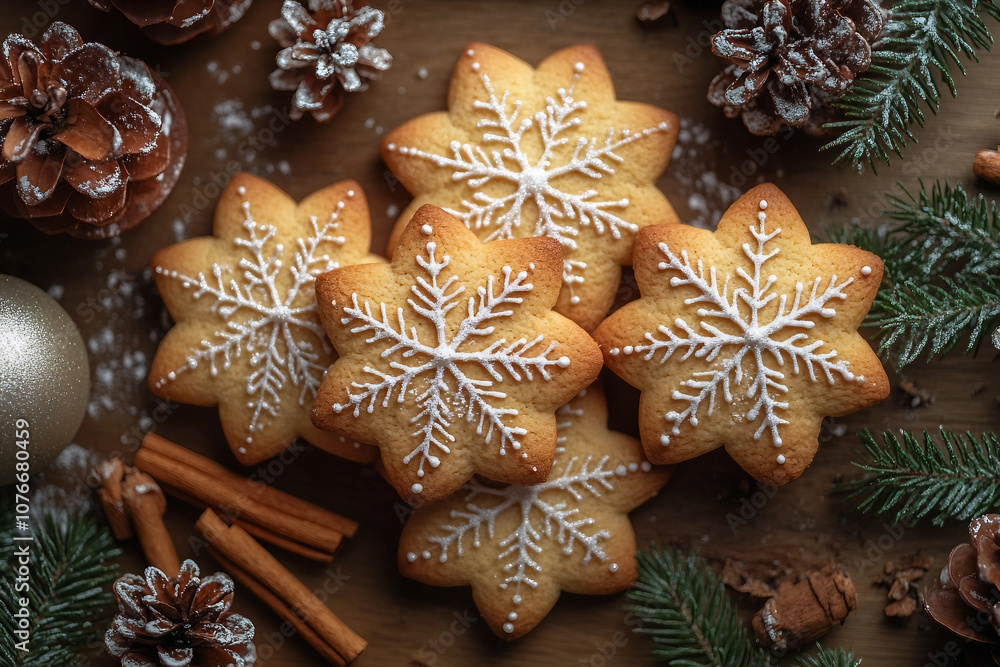 Generative AI image of festive Christmas cookies with holiday decorations and pinecones Generative AI image of festive Christmas cookies with holiday decorations and pinecones