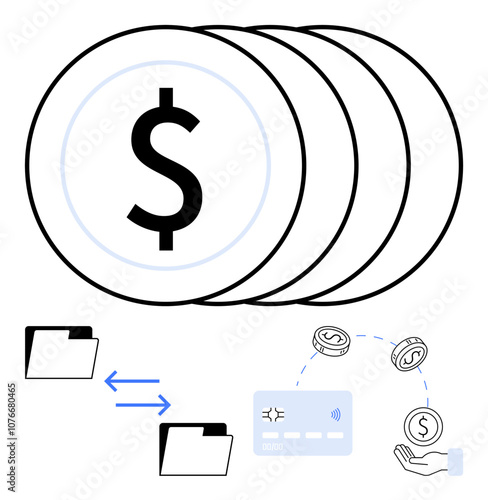 Coins with dollar signs, credit card, folders and hand receiving money represent financial transactions. Ideal for finance, banking, digital business, payments, economy money management. Line