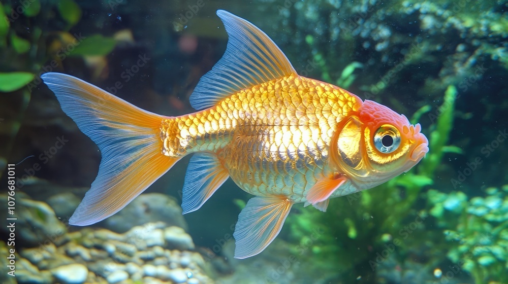 Bright goldfish with intricate fin details in clear blue water, set in a well-lit aquarium for an eye-catching underwater view Bright goldfish with intricate fin details in clear blue water, set in a well-lit aquarium for an eye-catching underwater view