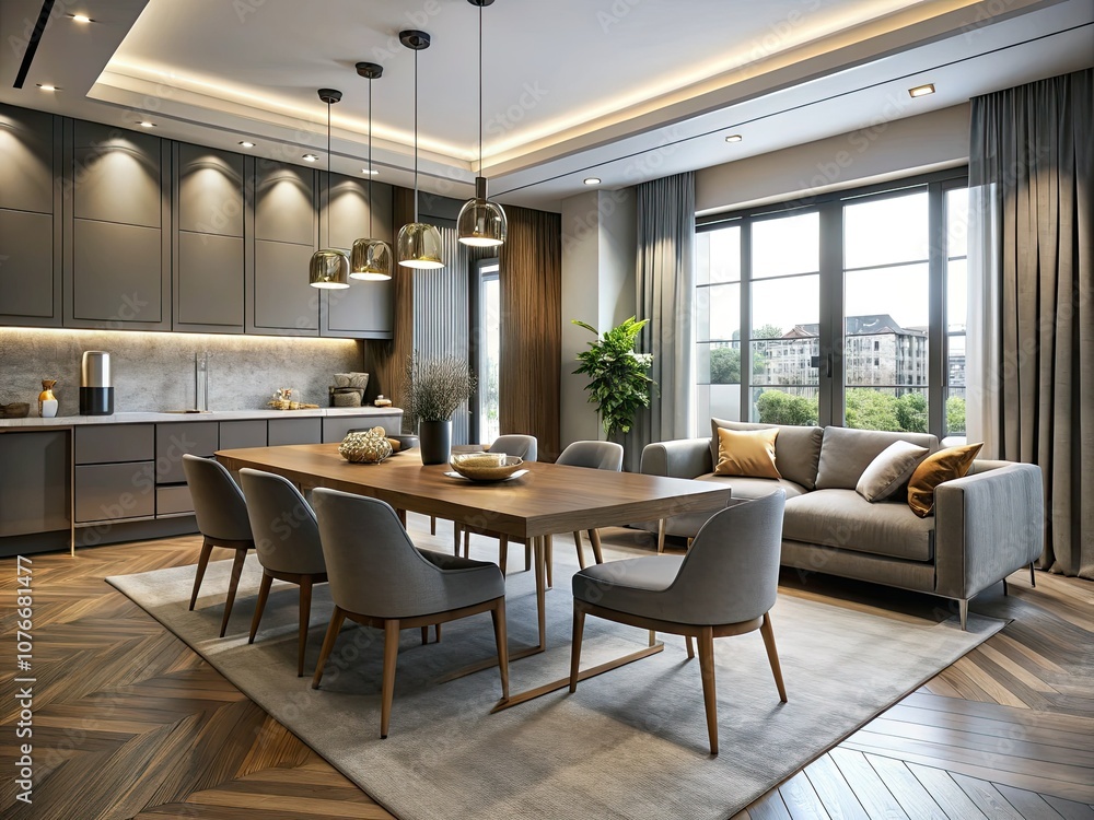 Fototapeta premium Modern Apartment Interior Design: Stylish Dining Room with Table and Chairs, Empty Living Room with Gray Walls, Contemporary Decor, Spacious Layout, Elegant Ambiance, Home Aesthetics