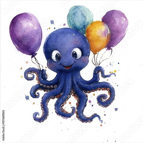 Joyful Baby Octopus Celebrating with Balloons - Watercolor Birthday Illustration photo