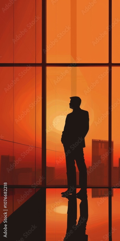 Silhouette of a Businessman Standing by a Window Overlooking a Cityscape Silhouette of a Businessman Standing by a Window Overlooking a Cityscape