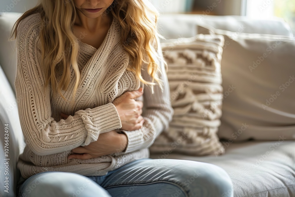 Fototapeta premium Woman with Digestive Issues: Understanding the Impact of Stress, Menstruation, and Gut Health on Stomach Pain at Home
