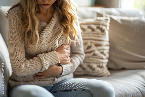 Woman with Digestive Issues: Understanding the Impact of Stress, Menstruation, and Gut Health on Stomach Pain at Home photo