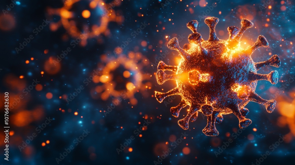 Fiery Virus Particle on Dark Background Fiery Virus Particle on Dark Background