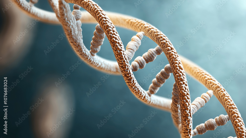Close-up view of a DNA double helix structure, showcasing intricate molecular details in a 3D illustration against a blurred background. Close-up view of a DNA double helix structure, showcasing intricate molecular details in a 3D illustration against a blurred background.