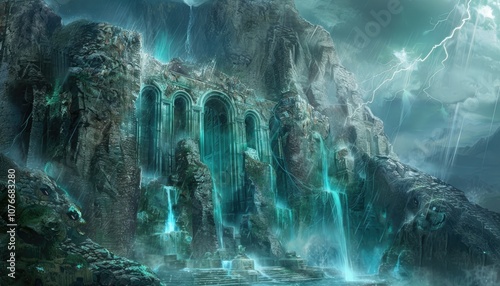 A mystical and ethereal ruined temple nestled within a cliff face, adorned with waterfalls and enveloped in a stormy sky.