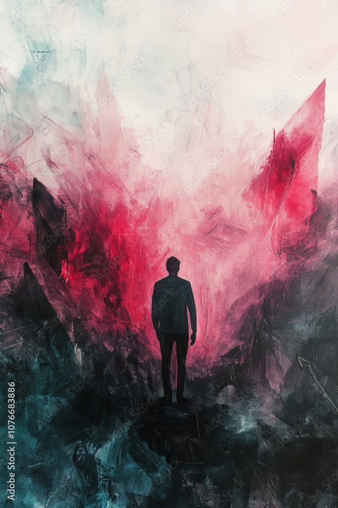 Fototapeta premium A man is standing in a painting of a mountain