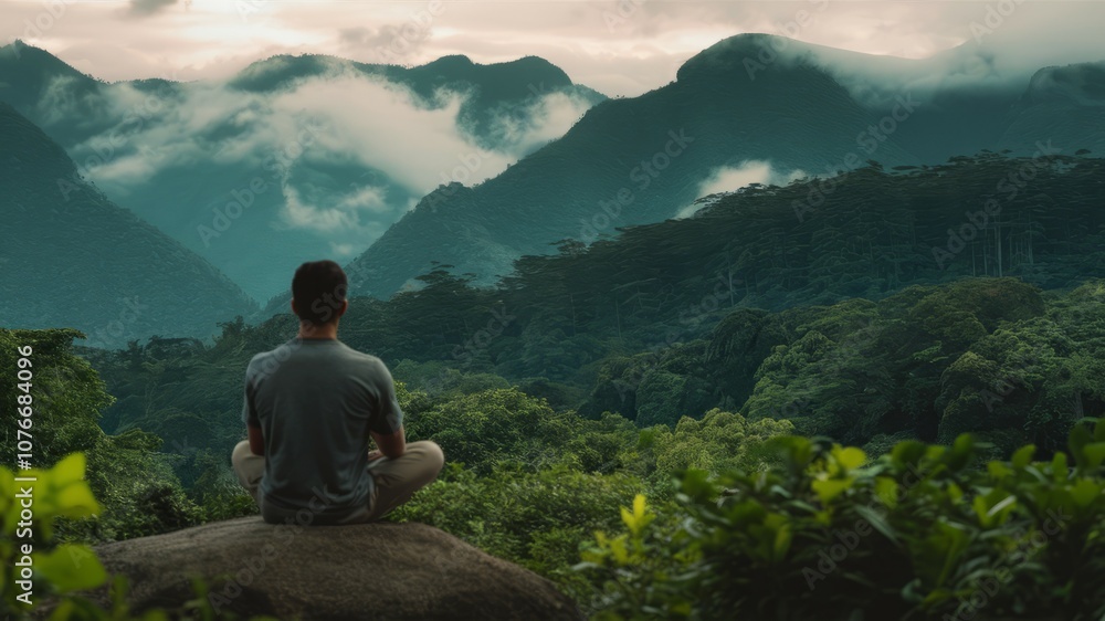 Man Meditating on Mountaintop: A solitary figure finds peace amidst the majestic beauty of a mountain range, shrouded in mist, evoking tranquility and inner peace. Man Meditating on Mountaintop: A solitary figure finds peace amidst the majestic beauty of a mountain range, shrouded in mist, evoking tranquility and inner peace.