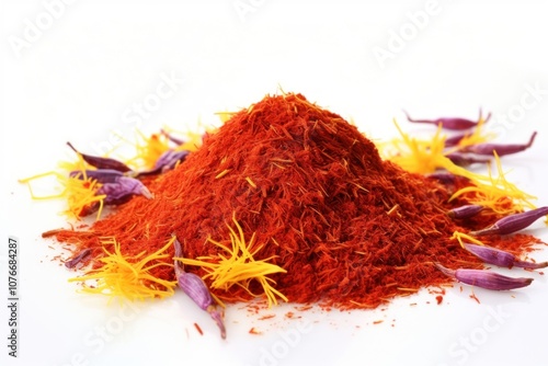 Ground Saffron spice food dry white background. photo