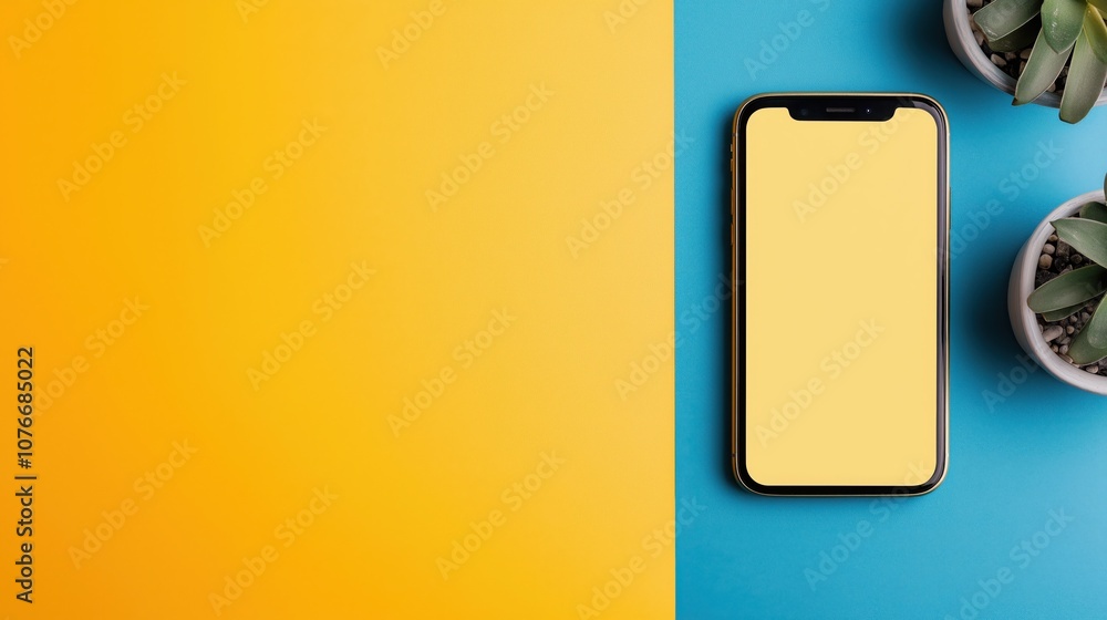 A vibrant flat lay featuring a yellow background, a smartphone with a blank screen, and small potted plants on a blue surface. A vibrant flat lay featuring a yellow background, a smartphone with a blank screen, and small potted plants on a blue surface.